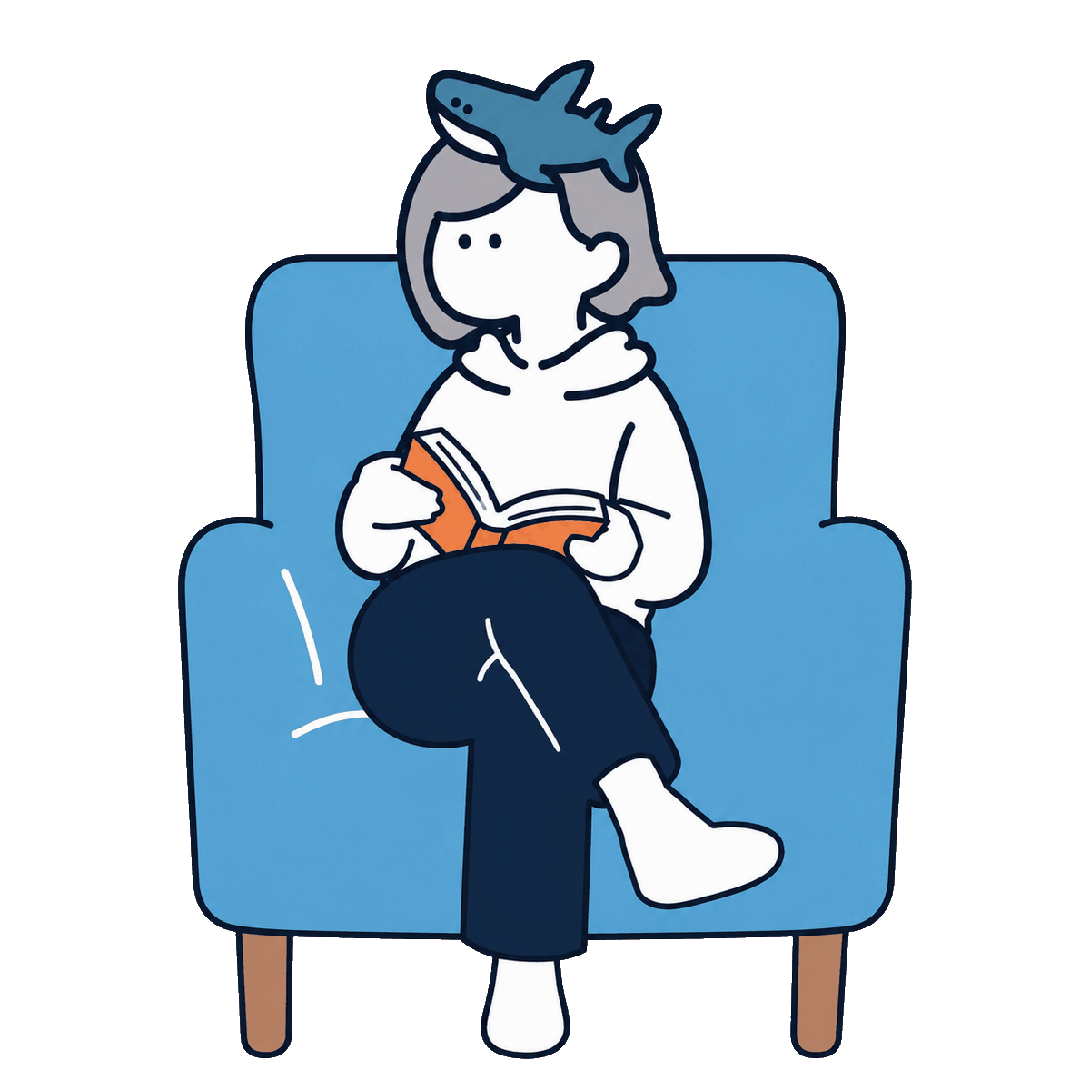 サメ帽子をかぶったキャラクターが本(データ)を読み込んでいるアニメーション